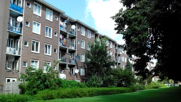 Photograph of a brick apartment block with balconies and satellite dishes, set behind a green lawn and trees in soft afternoon light.